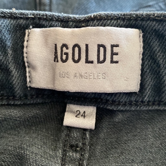 AGOLDE black distressed mid rise stretch straight leg jeans w/ raw cut out cuffs - Picture 16 of 16